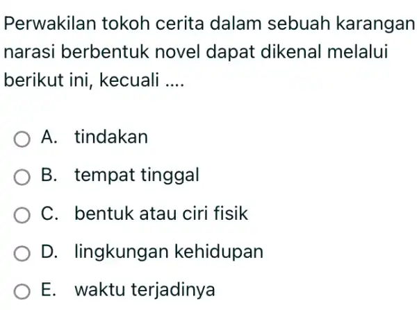 Perwakilan Tokoh Cerita dalam Sebuah Karangan Narasi Berbentuk Novel Dapat Dikenal Melalui Berikut Ini, Kecuali …